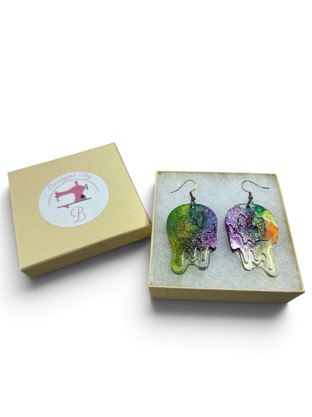Multicolor Drip Skull Earrings - Rainbow Glitter